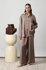 GOLD BUTTON SATIN CO-ORD SET-KHAKI