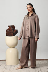 GOLD BUTTON SATIN CO-ORD SET-KHAKI