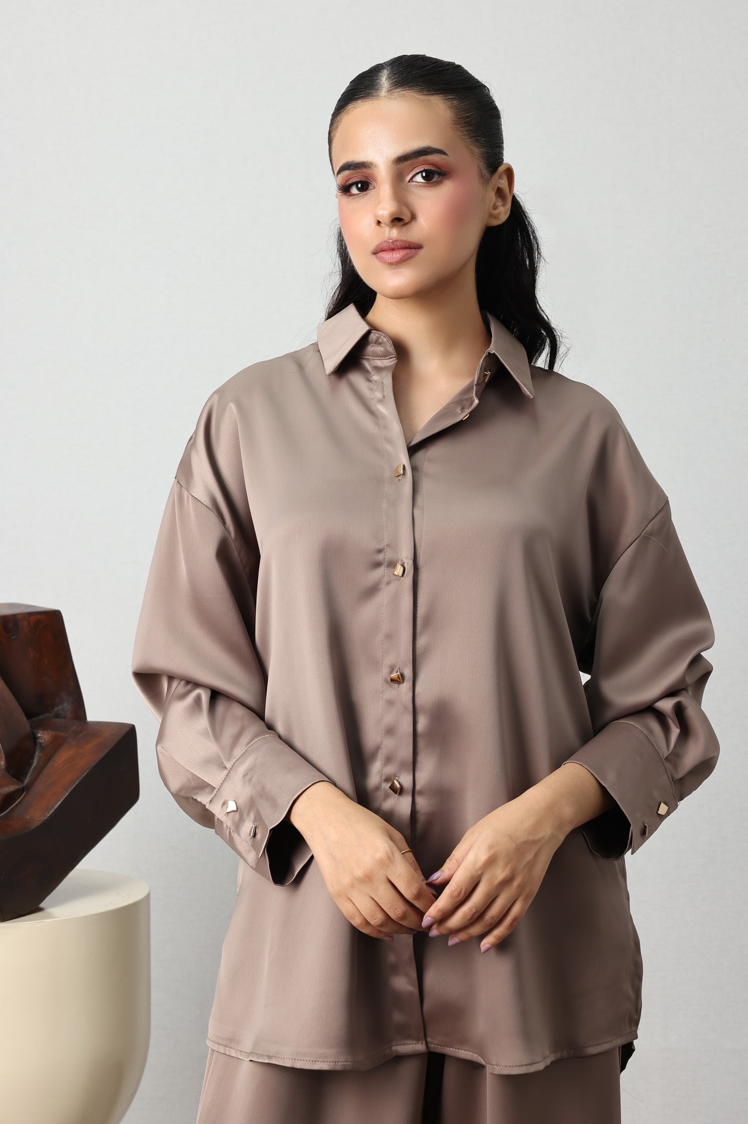 GOLD BUTTON SATIN CO-ORD SET-KHAKI