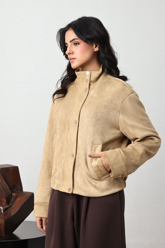 SUEDE-TOUCH SNAP BOMBER JACKET-BEIGE