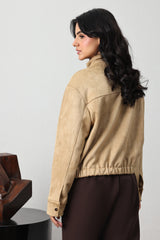 SUEDE-TOUCH SNAP BOMBER JACKET-BEIGE