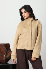 SUEDE-TOUCH SNAP BOMBER JACKET-BEIGE