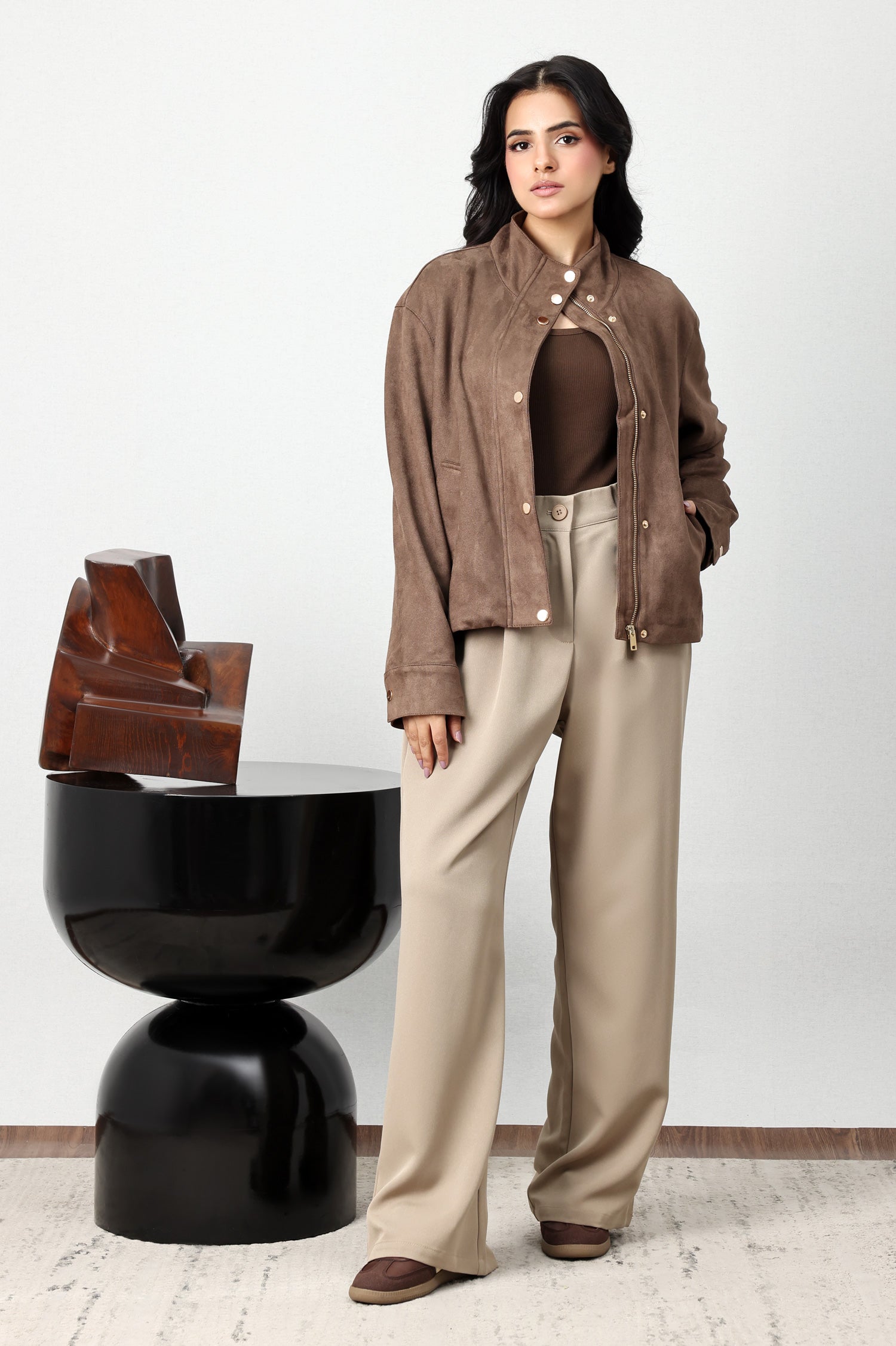 SUEDE-TOUCH SNAP BOMBER JACKET-CHOCO