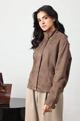SUEDE-TOUCH SNAP BOMBER JACKET-CHOCO