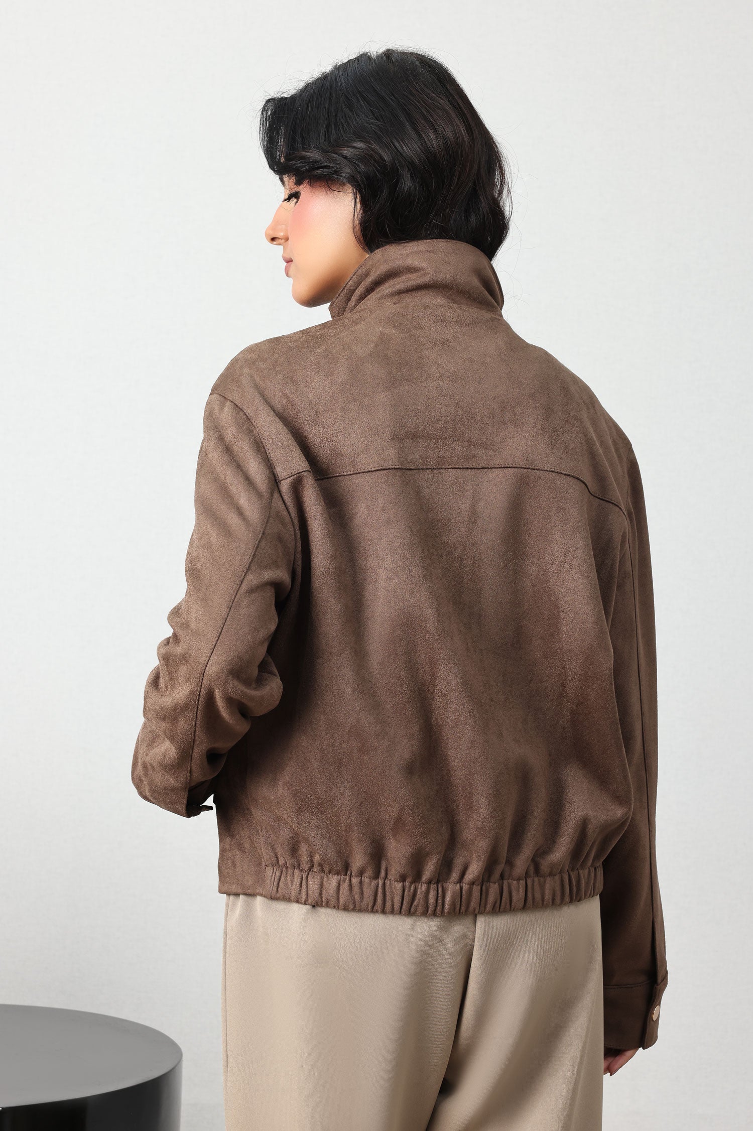 SUEDE-TOUCH SNAP BOMBER JACKET-CHOCO