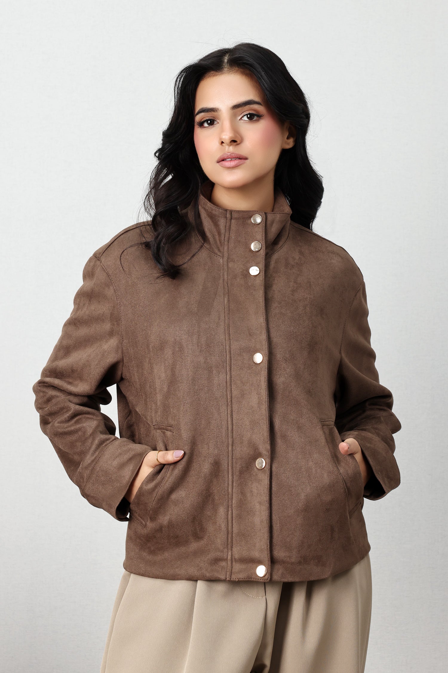 SUEDE-TOUCH SNAP BOMBER JACKET-CHOCO