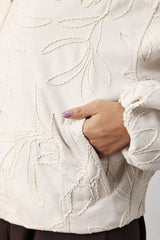 VINE EMBROIDERED BOMBER JACKET-BEIGE