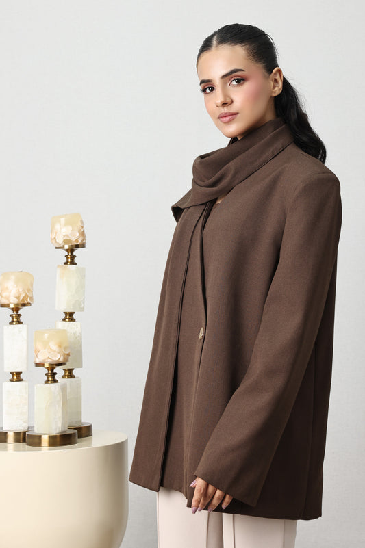 SCARF-NECK SHORT COAT-COFFEE