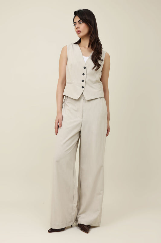 STRIPED WIDE-LEG PANTS-BEIGE