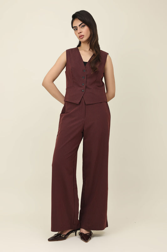 STRIPED WIDE-LEG PANTS-COFFEE