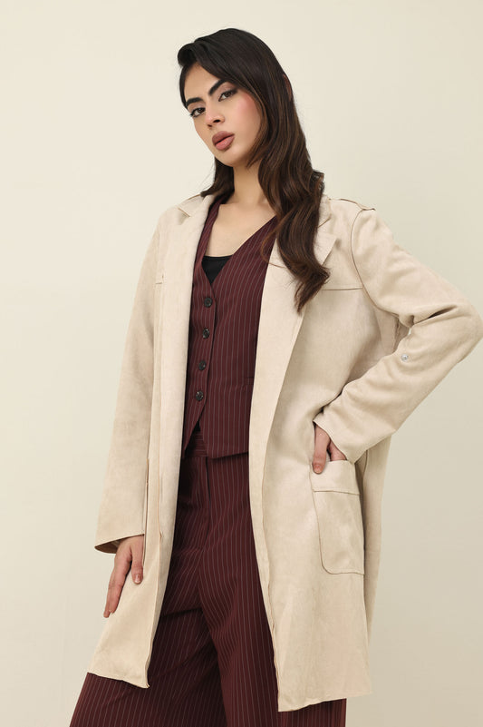 SUEDE LONGLINE COAT-BEIGE
