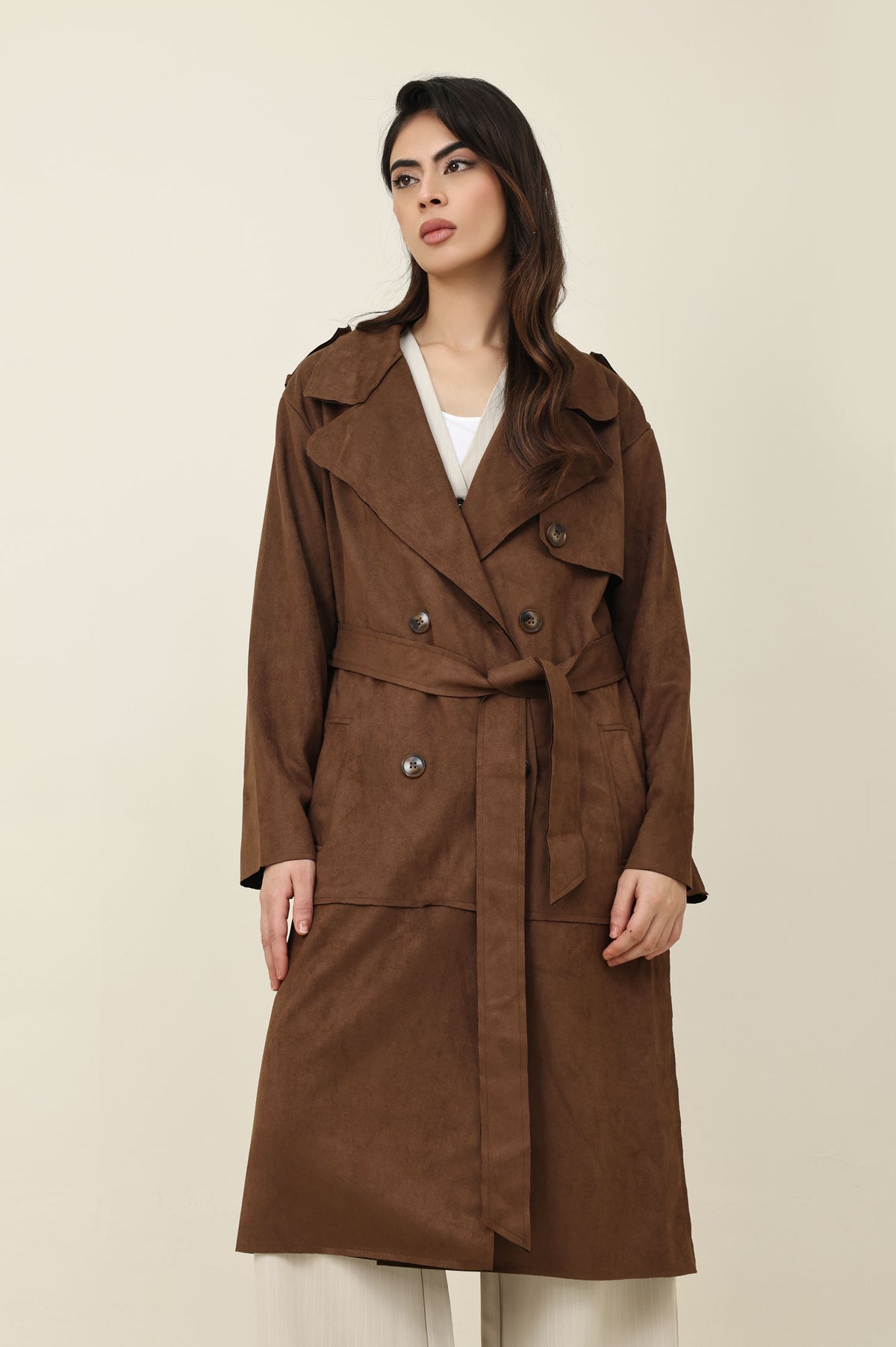 FLAP BELTED TRENCH COAT-CHOCOLATE