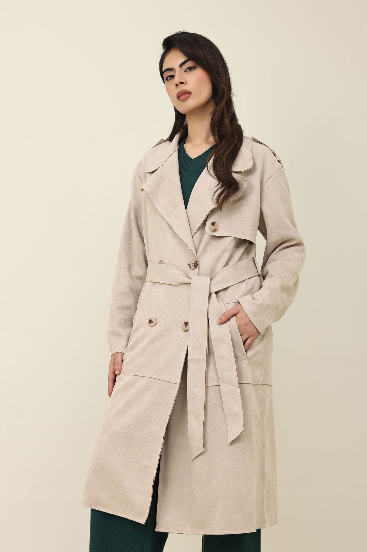 FLAP BELTED TRENCH COAT-BEIGE