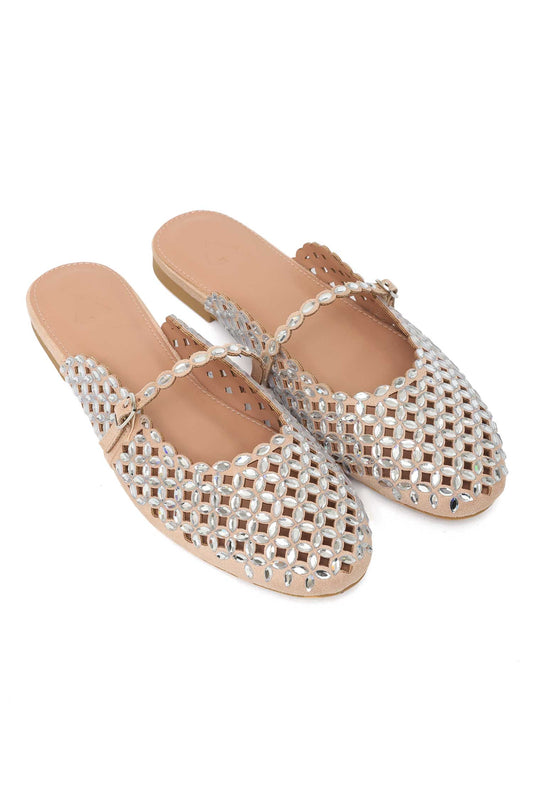 SPARKLE JEWEL MULE FLAT-BEIGE