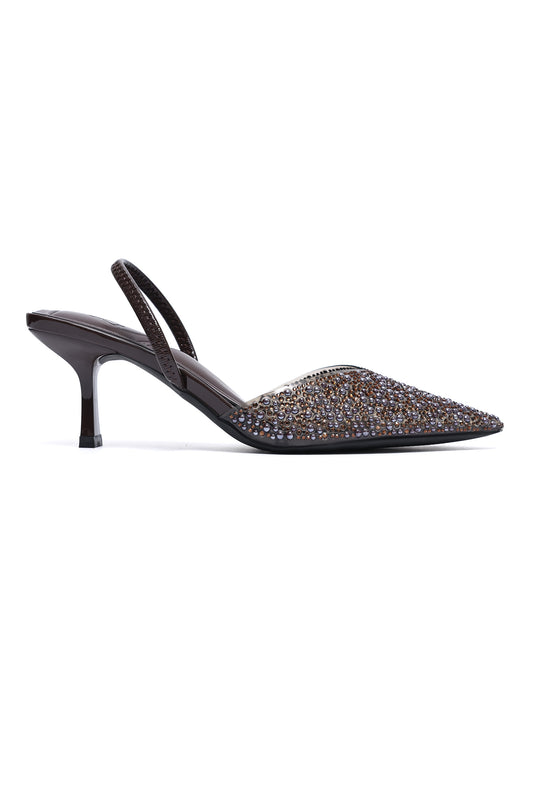 CRYSTAL BLOSSOM EMBELLISHED HEEL-BROWN