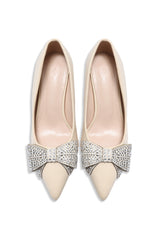 CRYSTAL BOW STILETTO PUMP-BEIGE