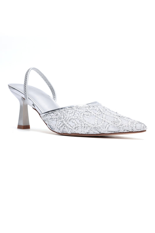LACE EMBROIDERED SLINGBACK HEEL-SILVER