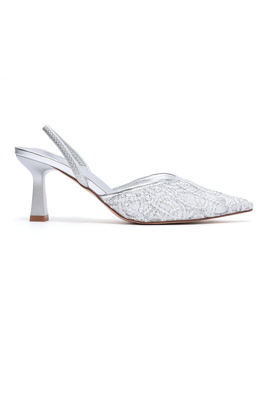 LACE EMBROIDERED SLINGBACK HEEL-SILVER