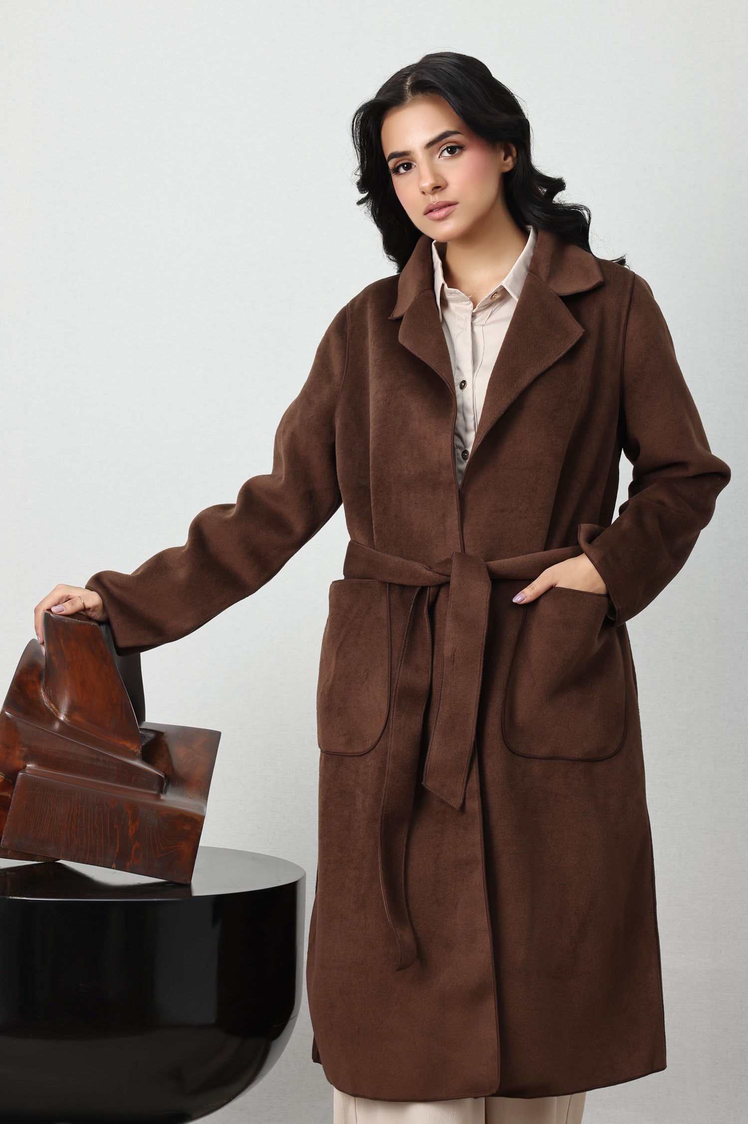 WOOL-BLEND TRENCH COAT-COFFEE
