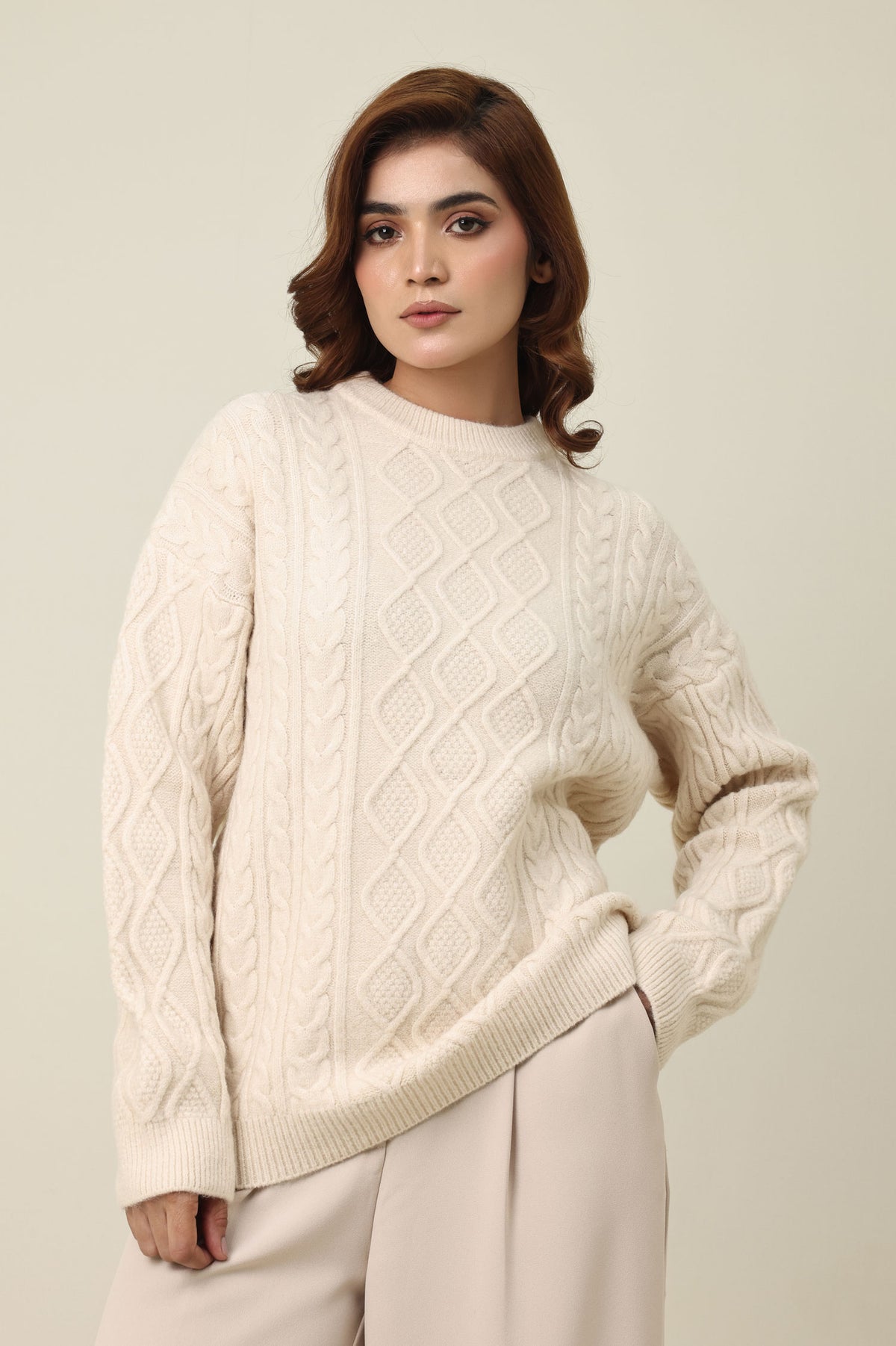 CABLE KNIT PULLOVER SWEATER-BEIGE