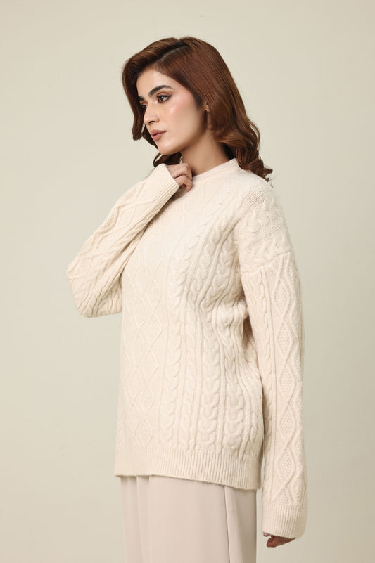 CABLE KNIT PULLOVER SWEATER-BEIGE