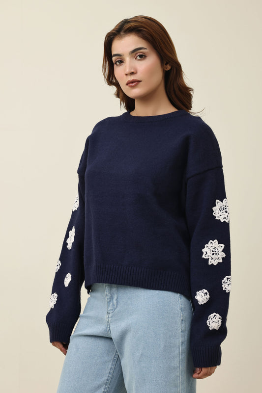 FLORAL APPLIQUÉ KNIT SWEATER-NAVY