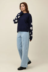 FLORAL APPLIQUÉ KNIT SWEATER-NAVY