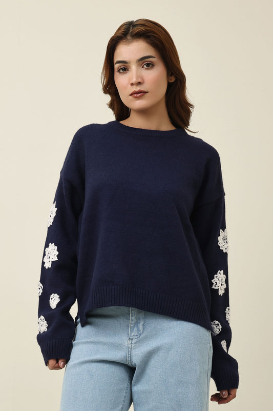 FLORAL APPLIQUÉ KNIT SWEATER-NAVY