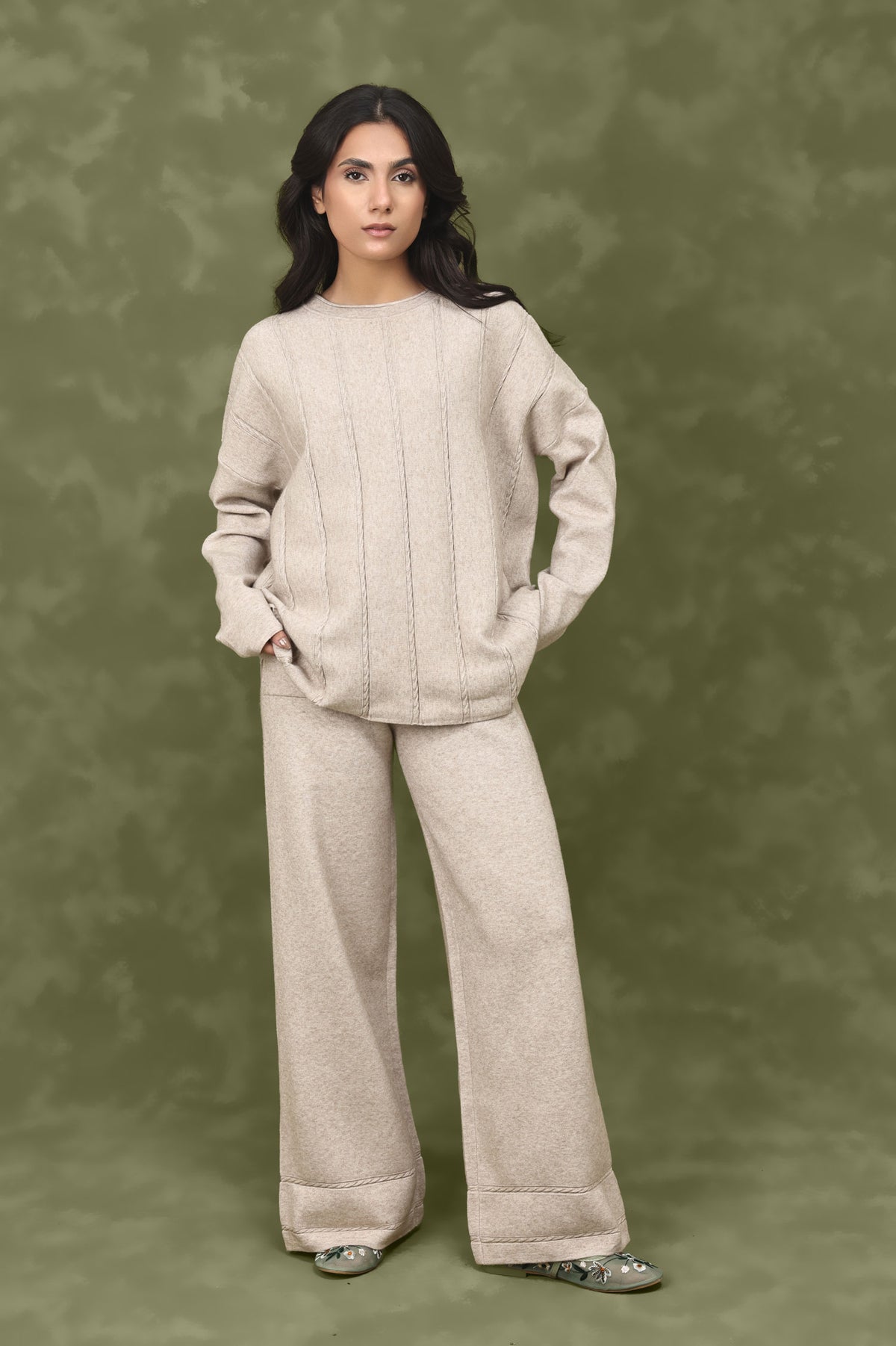 STRETCH STRIPE CO-ORD SET-BEIGE