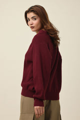 RELAXED V-NECK CARDIGAN-WINE/RED