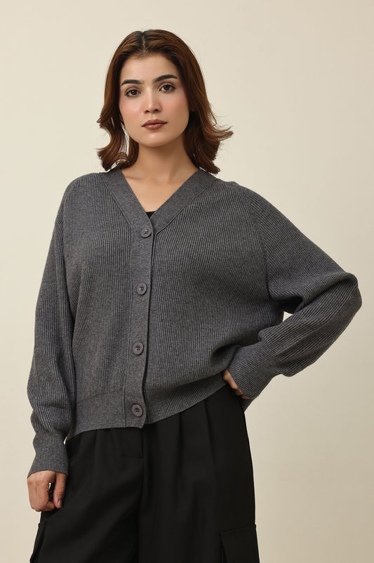RELAXED V-NECK CARDIGAN-GREY