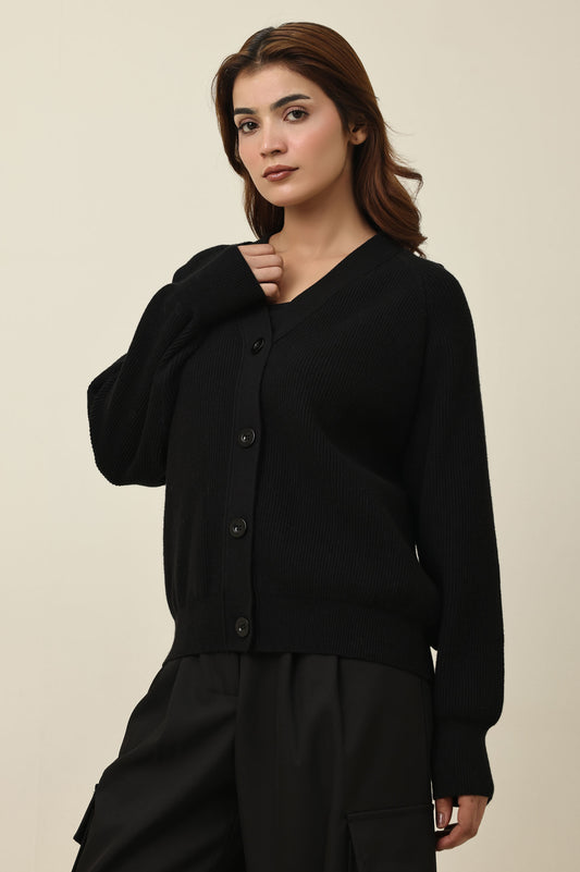 RELAXED V-NECK CARDIGAN-BLACK