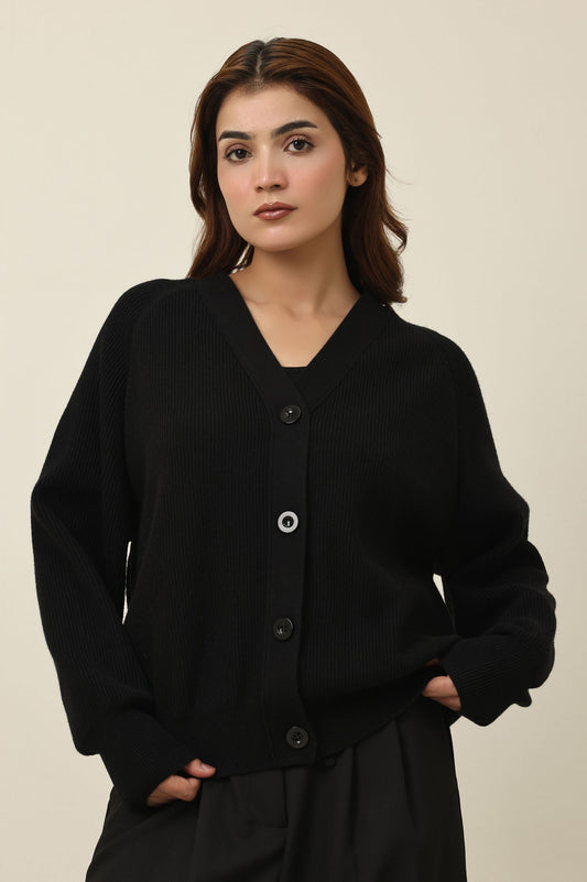 RELAXED V-NECK CARDIGAN-BLACK