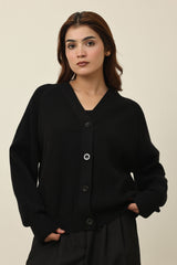 RELAXED V-NECK CARDIGAN-BLACK