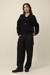 RELAXED V-NECK CARDIGAN-BLACK