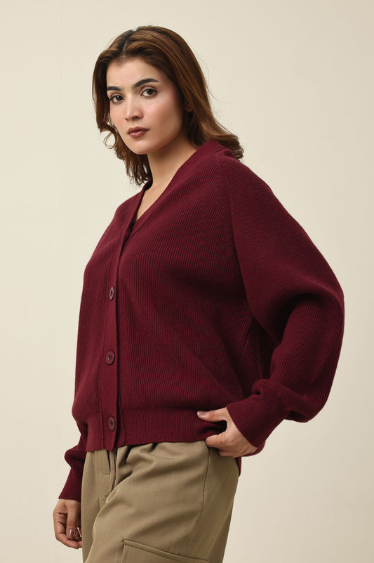 RELAXED V-NECK CARDIGAN-WINE/RED