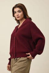 RELAXED V-NECK CARDIGAN-WINE/RED
