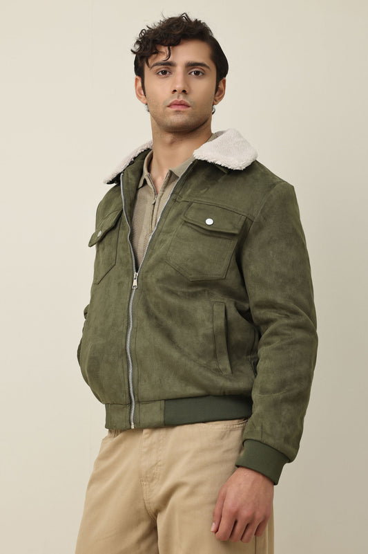URBAN SUEDE JACKET WITH FUR COLLAR-OLIVE/GREEN