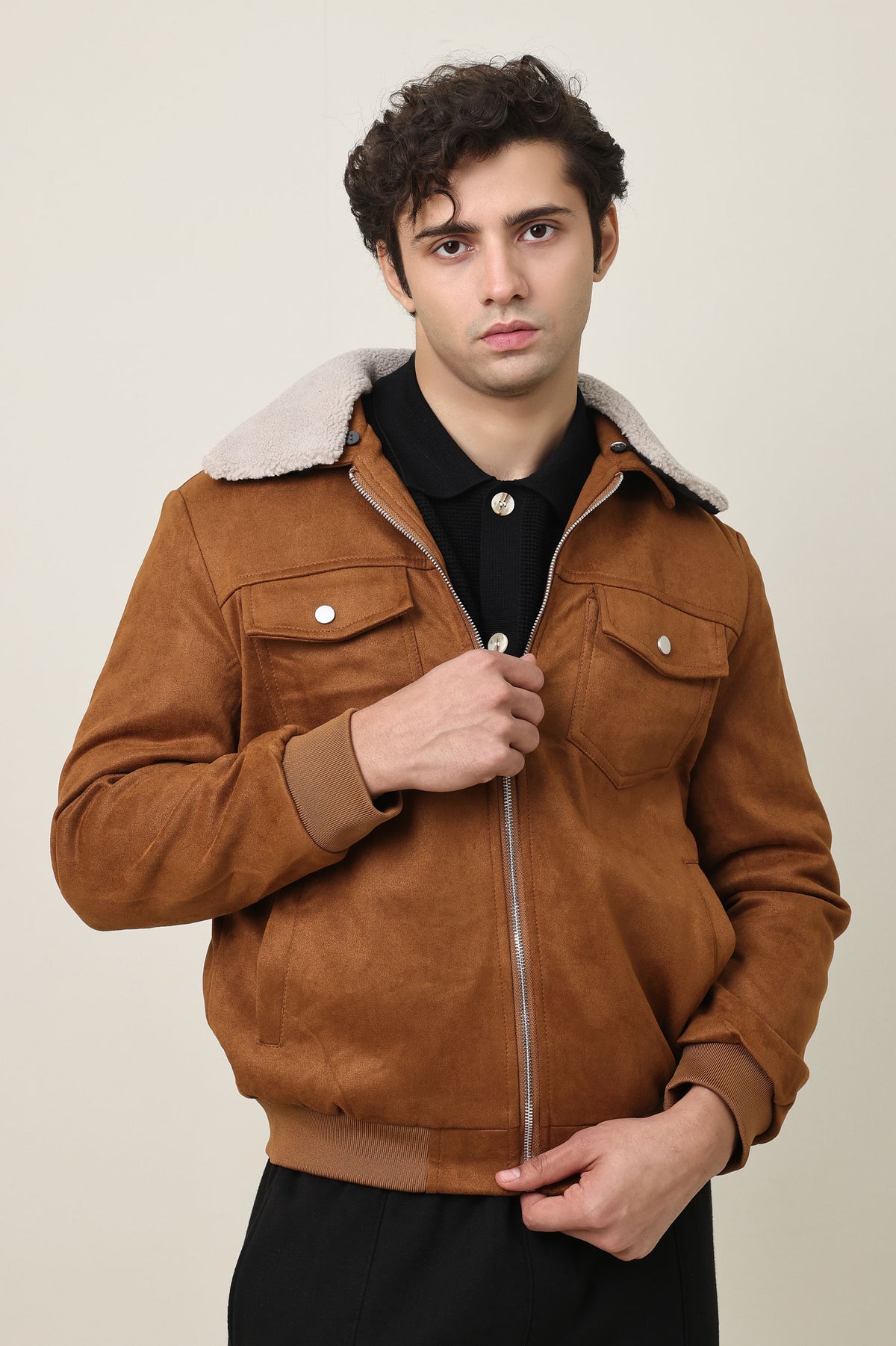 ALMAS URBAN SUEDE JACKET WITH FUR COLLAR-CAMEL