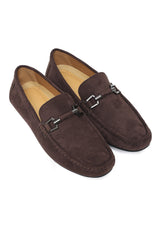 SUEDE LOAFERS WITH ROUNDED TOE AND METALLIC EMBELLISHMENT-COFFEE