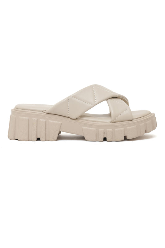 QUILTRAIL CROSS STRAP SLIDE-BEIGE