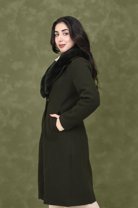 FAUX FUR COLLAR OVERCOAT-DK/OLIVE