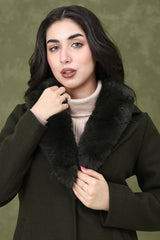FAUX FUR COLLAR OVERCOAT-DK/OLIVE