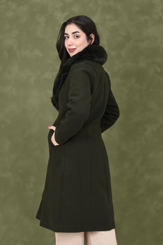 FAUX FUR COLLAR OVERCOAT-DK/OLIVE