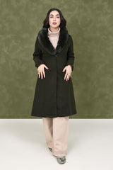 FAUX FUR COLLAR OVERCOAT-DK/OLIVE