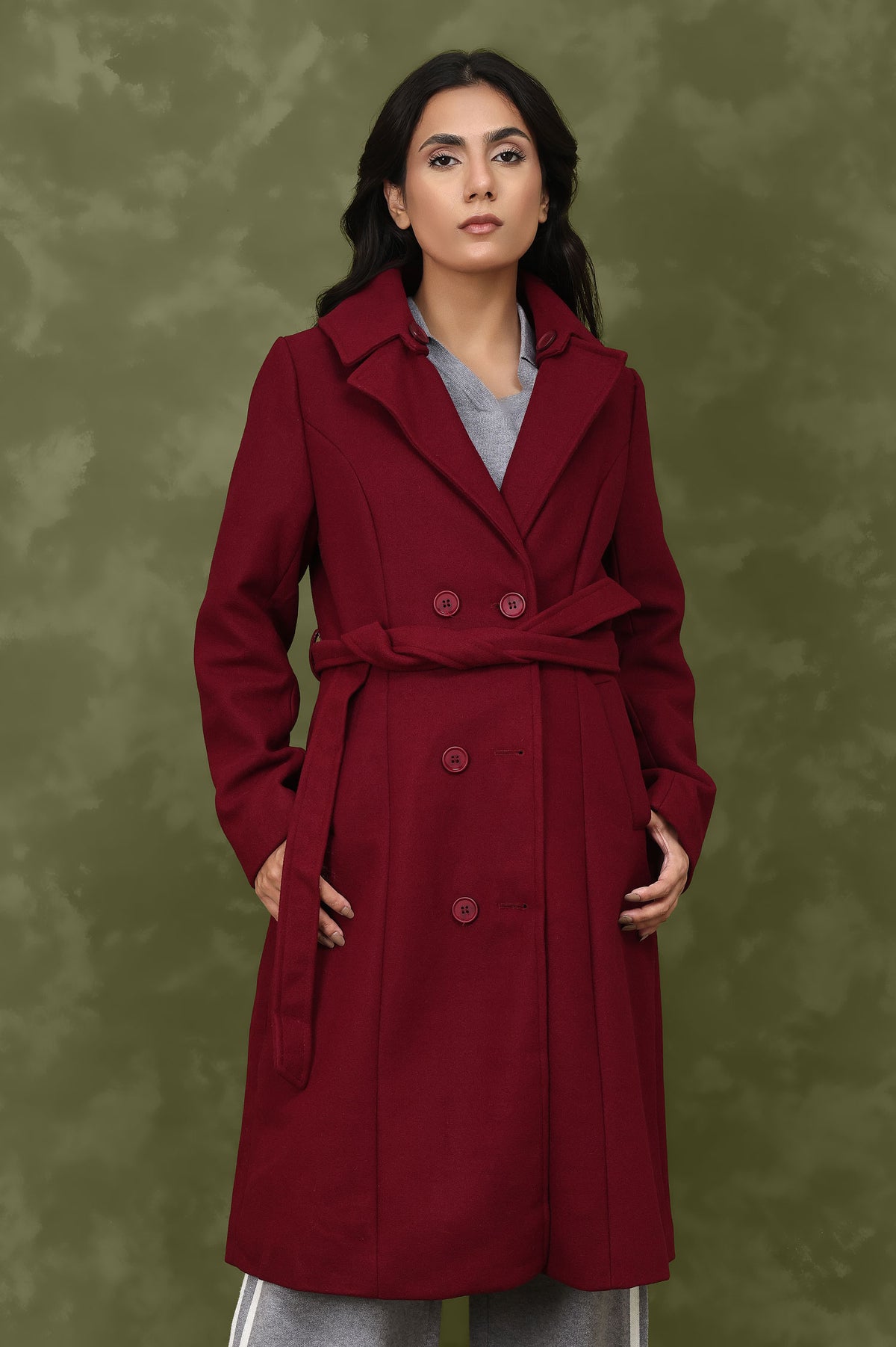 DOUBLE-BREASTED WOOL BLEND OVERCOAT-WINE