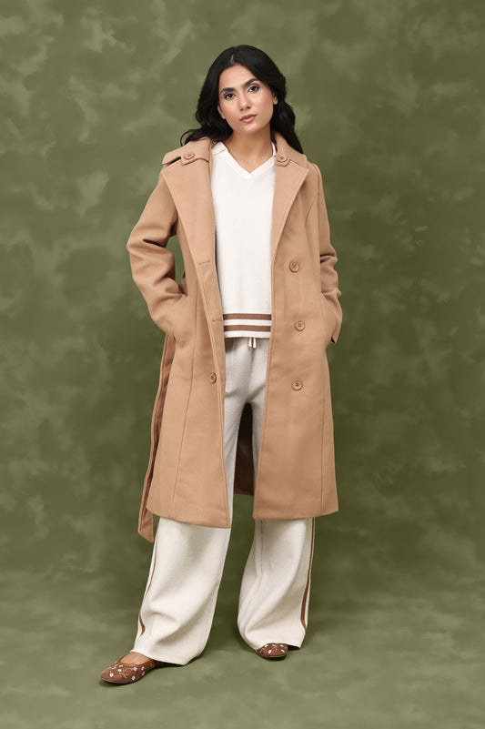 DOUBLE-BREASTED WOOL BLEND OVERCOAT-KHAKI