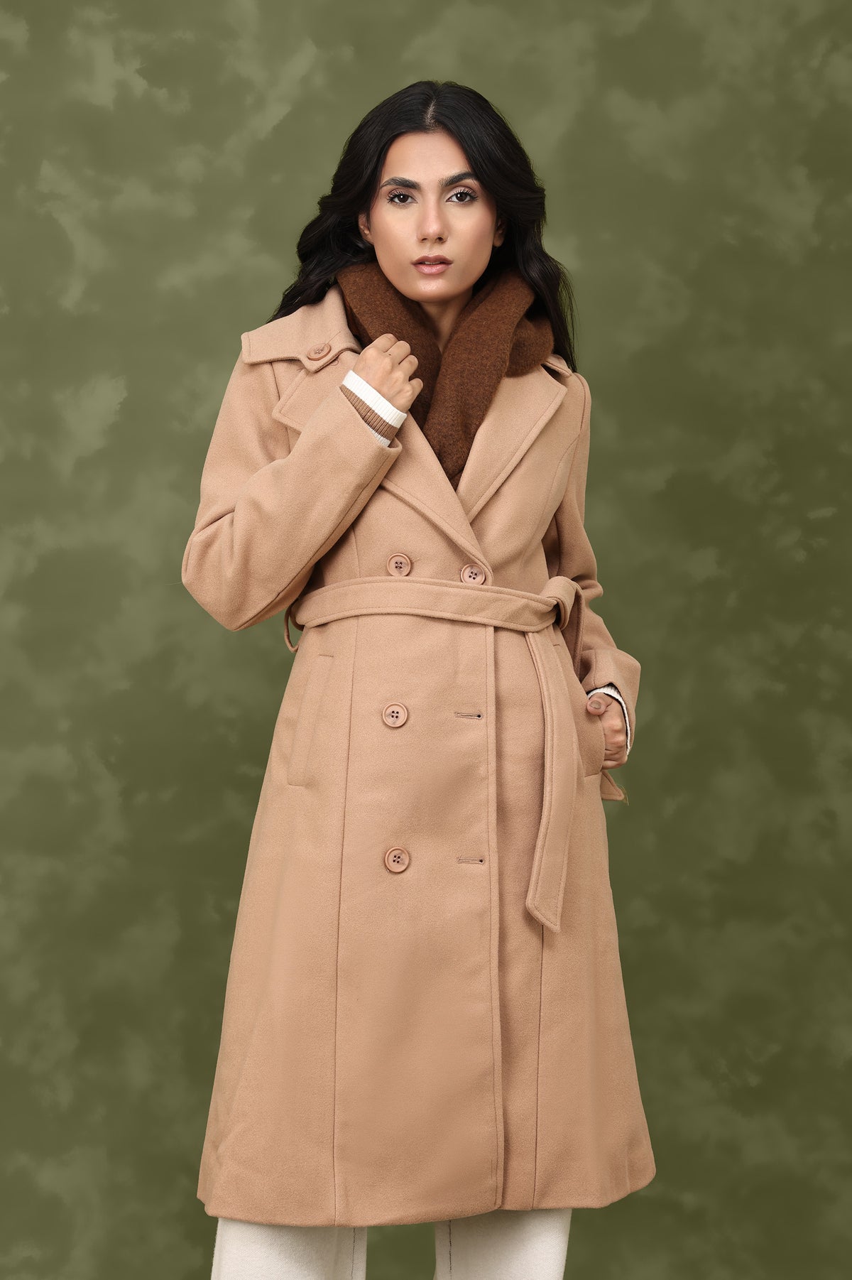 DOUBLE-BREASTED WOOL BLEND OVERCOAT-KHAKI