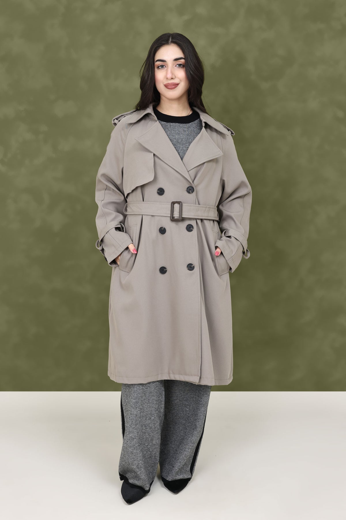 BELTED D-RING COAT-KHAKI