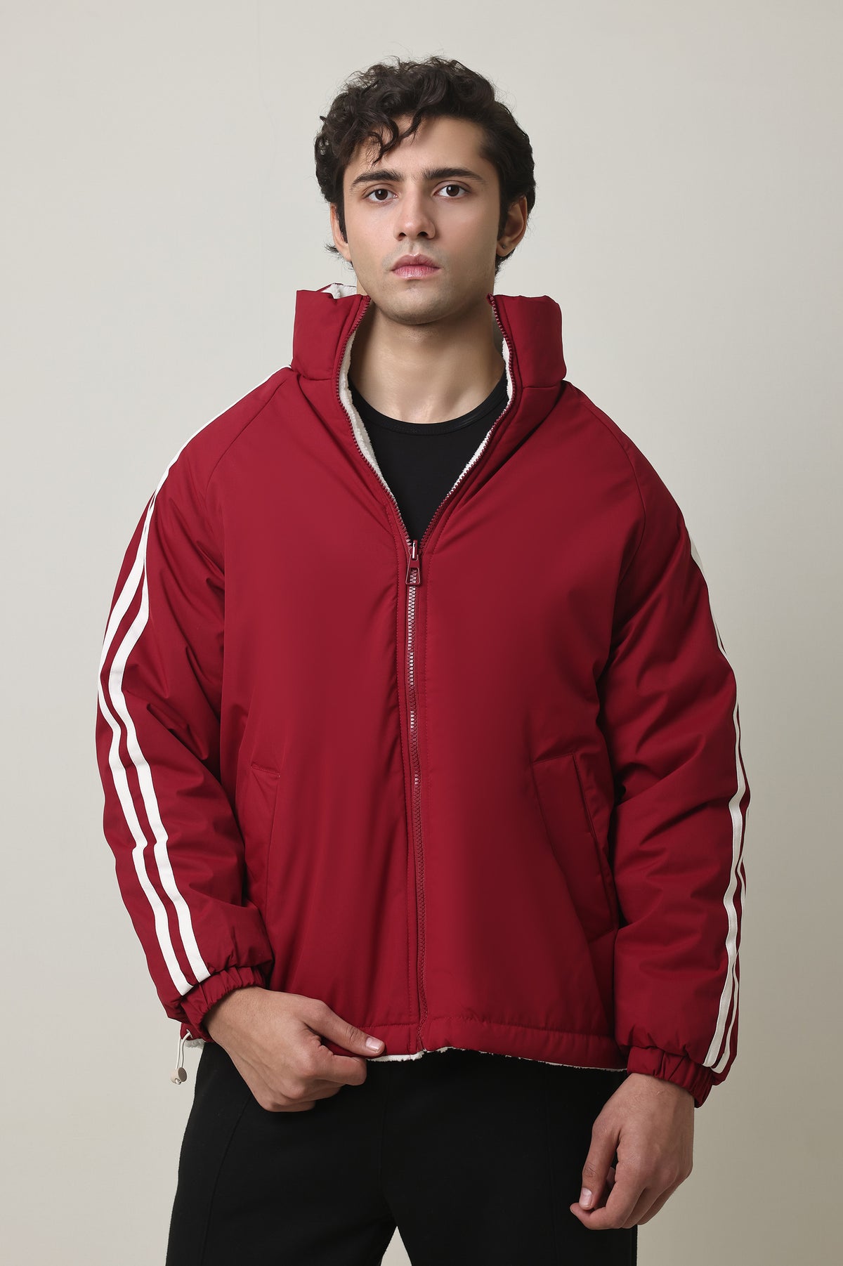 STRIPE EDGE PUFFER JACKET-MAROON